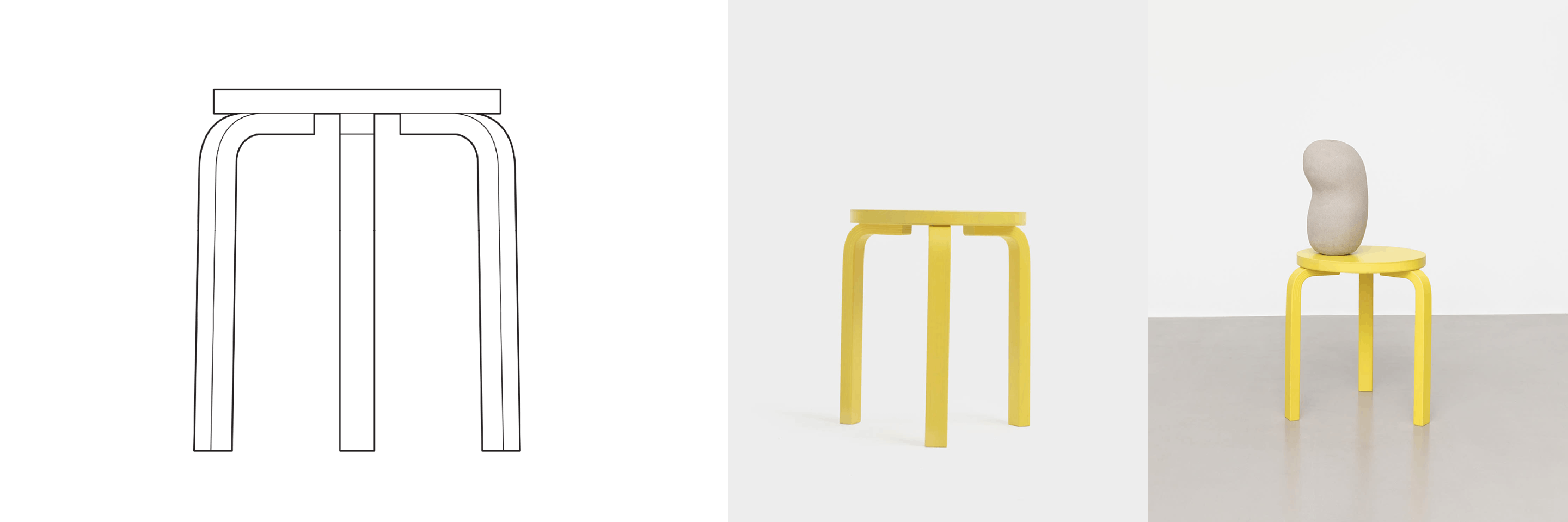 The image features three sections: on the left, a simple line drawing of an Artek stool. On the right, two photos of a yellow Artek stool—one showing the stool alone, and the other with an abstract sculpture resting on top. It emphasizes the stool’s iconic design and artistic versatility.