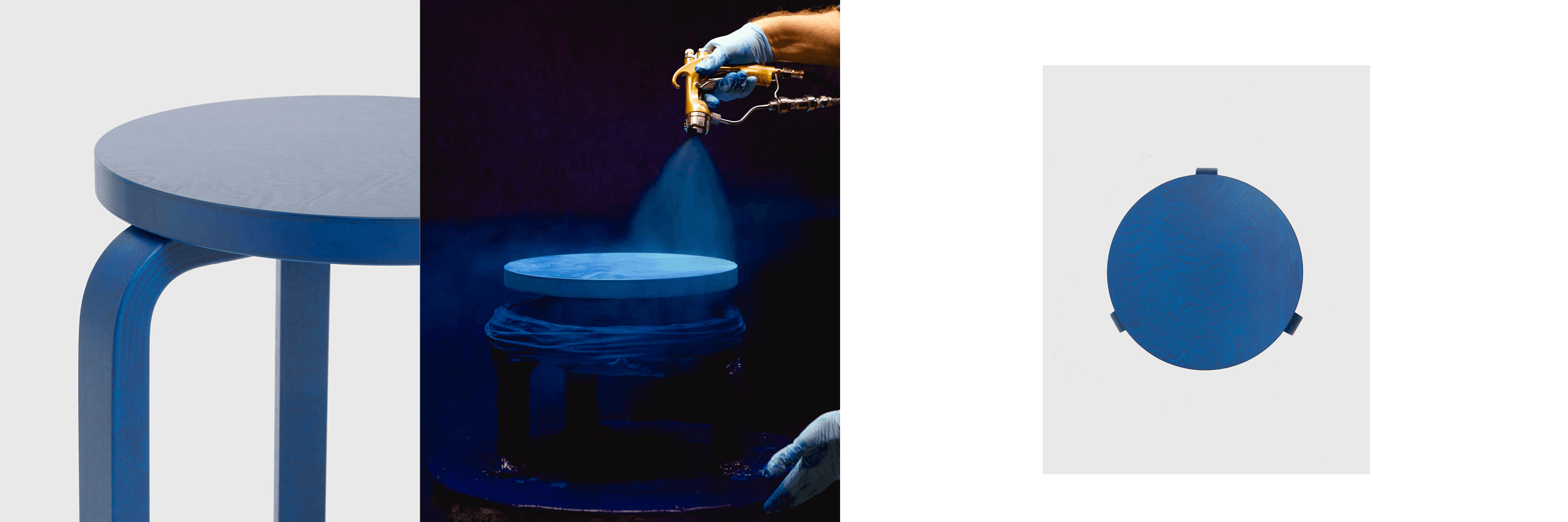 The image showcases three views of a blue Artek stool. The left shows a close-up of the stool’s edge, the middel shows the stool being spray-painted, and the right displays a top-down view of the stool’s round seat. It highlights the craftsmanship and vibrant finish of the stool.