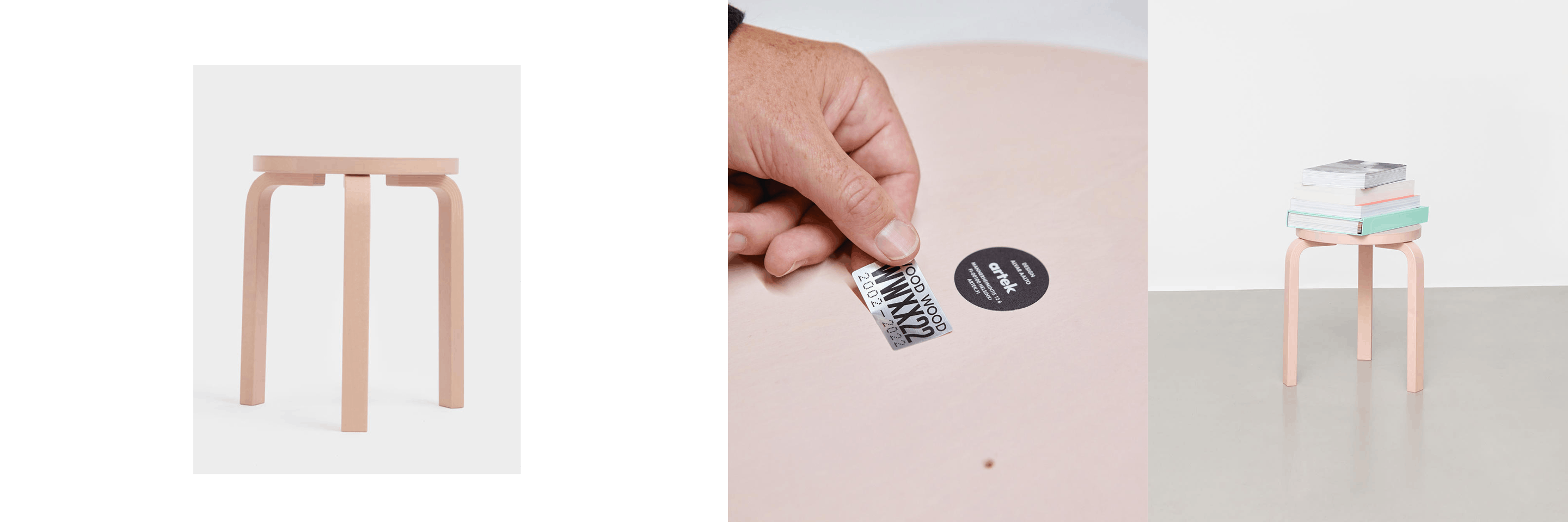 The image shows three panels: a pink Artek stool alone, a hand applying an Artek label underneath, and the stool with a stack of books on top. It highlights the stool’s design, authenticity, and functionality.
